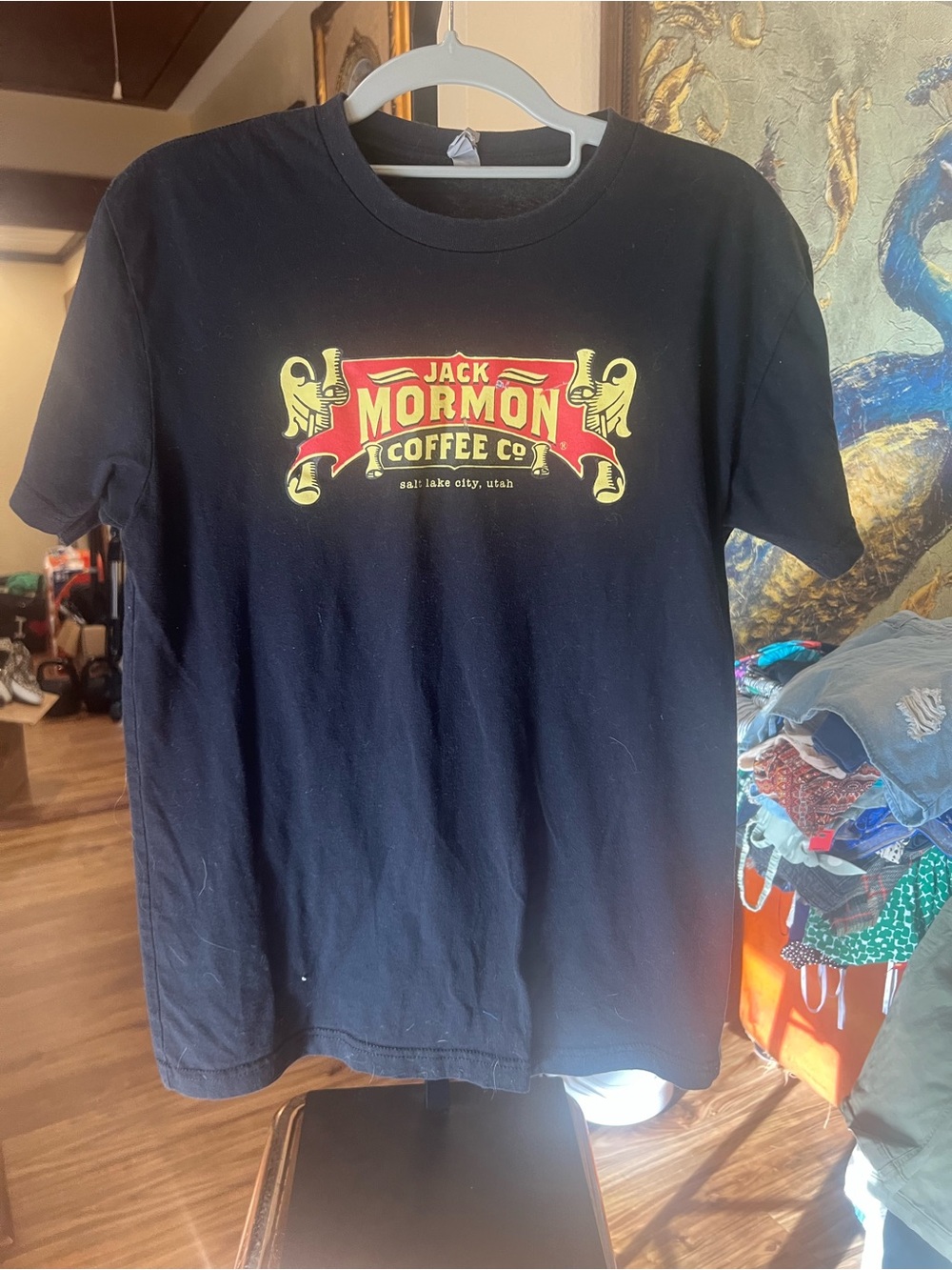 Next Level Apparel Black Tee with Red & Gold Jack Mormon Coffee Graphic - Picture 2 of 3